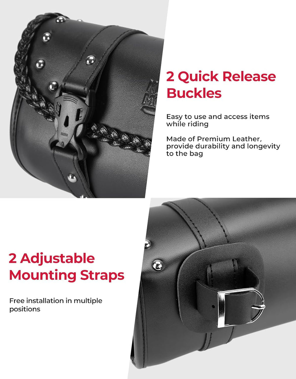 Motorcycle Tool Fork Bag PU Leather Universal | Saddlebag for Front Fork Handlebar Sissybar Storage Pouch Motorcycle Roll Bag (Black Classic Buckle)
