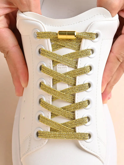 1 Pair of No-Tie Shoelaces with Colorful Buckles | Gold &amp; Pearl Luster Elastic Fashionable Shoelaces, Easy Slip-On Design