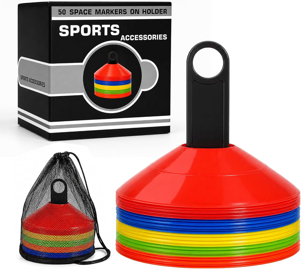 50/100PCS Soccer Cones with Carry Bag & Holder, Agility Disc Cones | 5 Color Sports Training Equipment, Football, Basketball, Speed Drills, Coaching & PE Classes