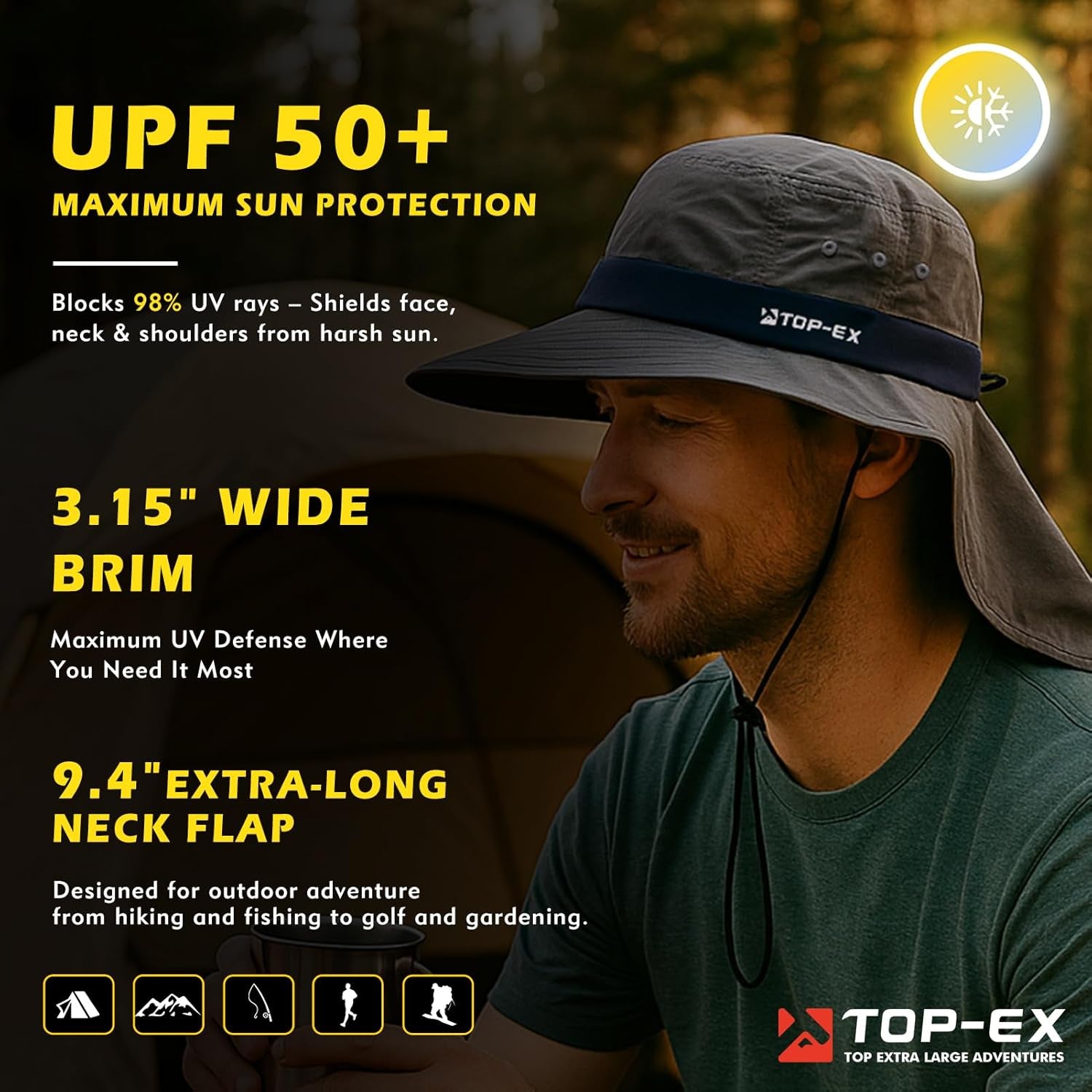 UPF 50+ Cooling Wide Brim Sun Hat for Men with Neck Flap, Packable | Uvcoolix™ Cooling Needs No Water; 3.1 in Rollable Shape-Holding Brim, 9.4 in Neck Coverage, Six Mesh Eyelets, Secure Fit