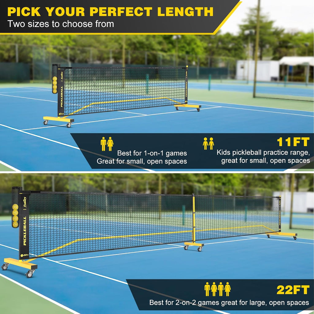 Pickleball Net with Ball Collector, Wheels, 22FT & 11FT Size | Portable 2-In-1 Pickle Ball Net with Carry Bag, Steady Metal Frame for Outdoor Indoor Backyards, Driveway