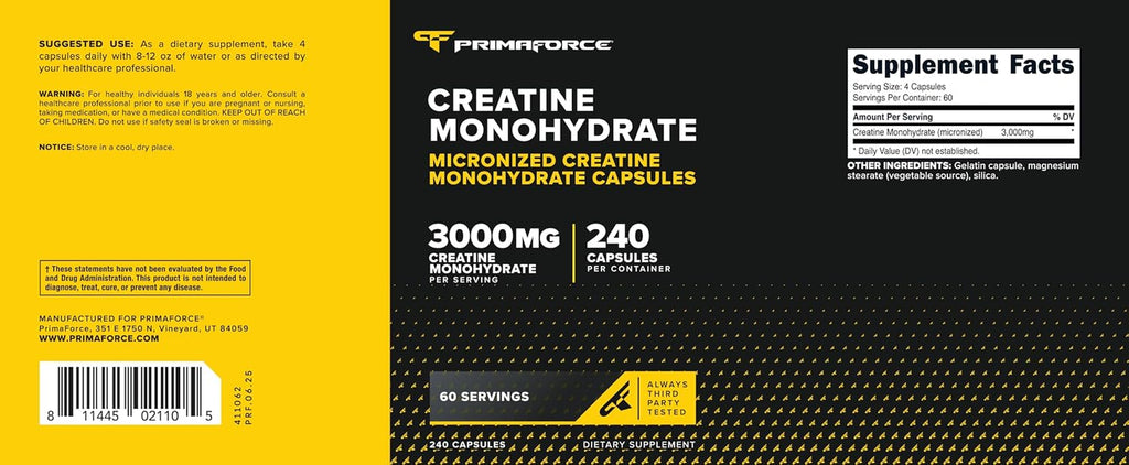 Creatine Monohydrate Capsules (3,000Mg) 240 Capsules | Gluten Free and Gmo-Free