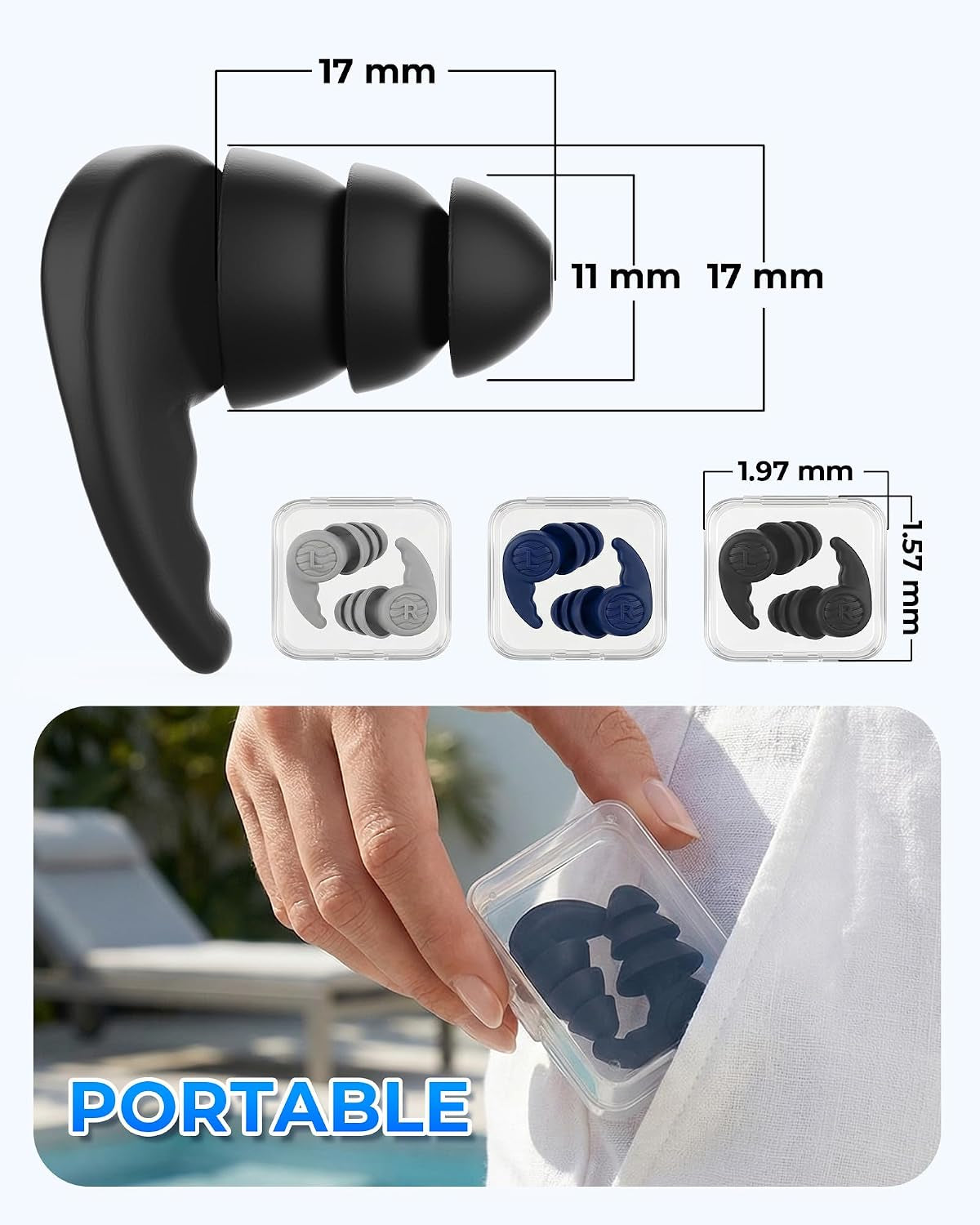 3 Pairs Swimming Earplugs Waterproof Silicone Ear Plugs for Swimming Surfing Shower Kayaking, Water Out Sound in Comfortable Reusable Ear Protection for Adults Teens with Storage Case, Black Gray Blue