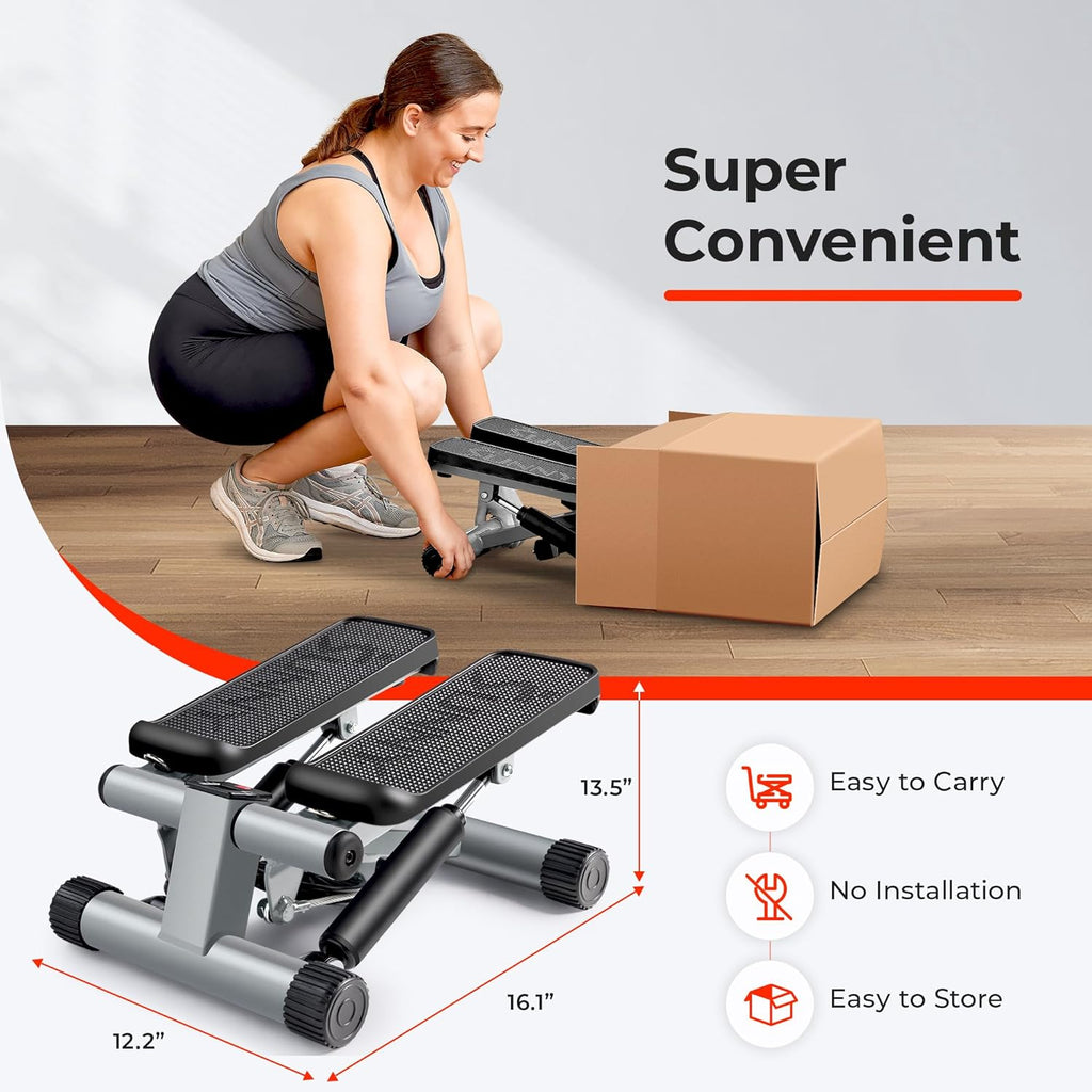 Mini Stair Stepper W/Resistance Bands for Home Gym | Full Body Cardio, Adjustable Step Height, Hydraulic Resistance, LCD Meter, No Assembly, 300 Lb Capacity, Sunnyfit App