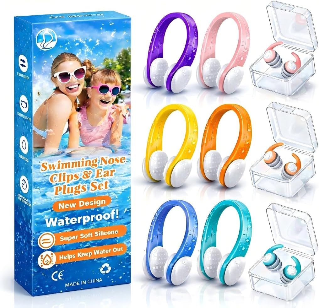 Swimming Nose Clips Ear Plugs for Kids Adults, 9 Pack Waterproof Silicone | 6 Swim Nose Clips, 3 Pairs Waterproof Silicone Earplugs and Storage Boxes for Adults and Kids, for Pools, Surfing and Diving.