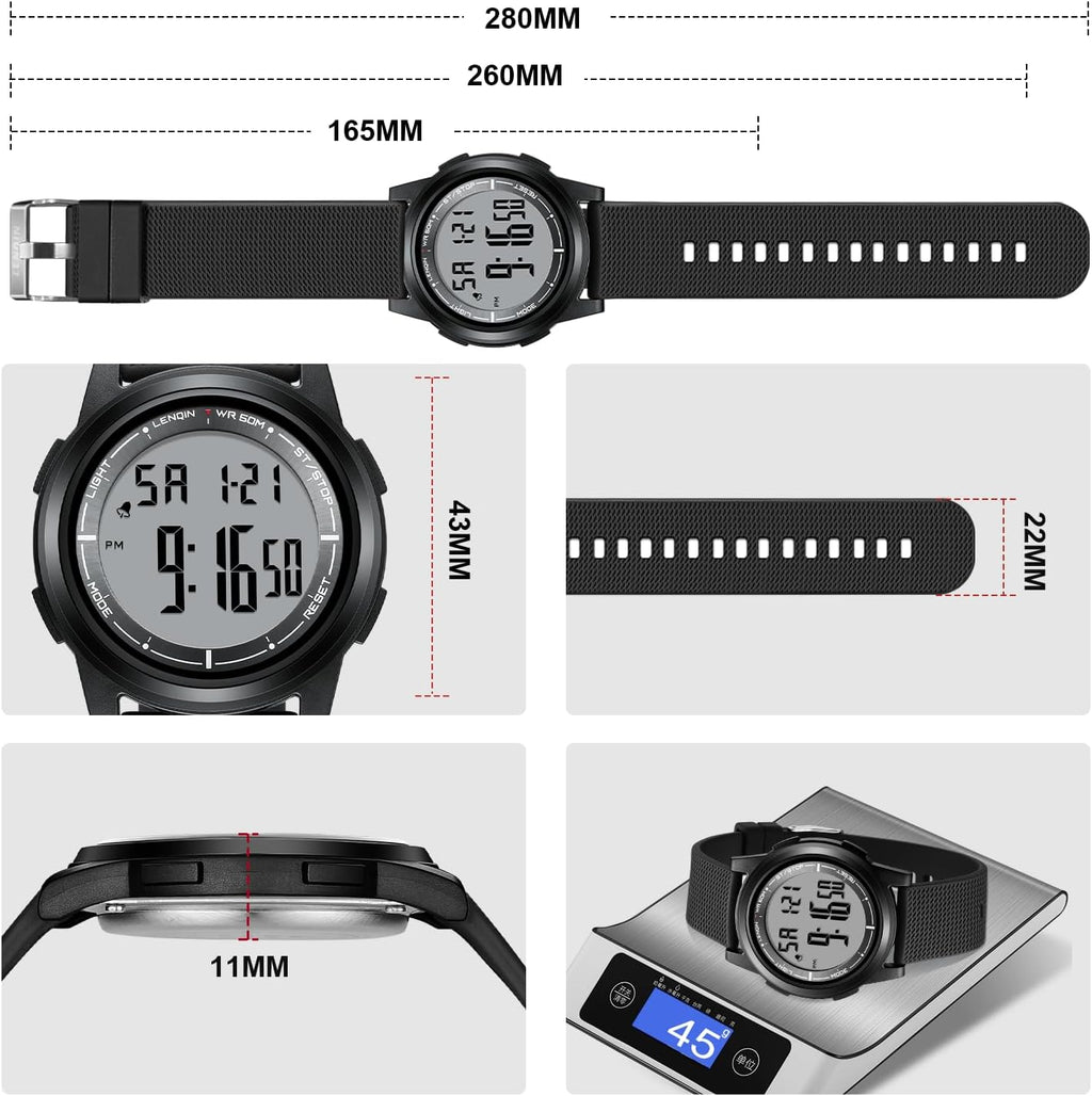 Mens Digital Watch Ultra Thin Sports Waterproof Watches for Men | Minimalist Outdoor LED Screen Large Face Wrist Watches for Men with Back Light Alarm Date Stopwatch Soft Silicone Band