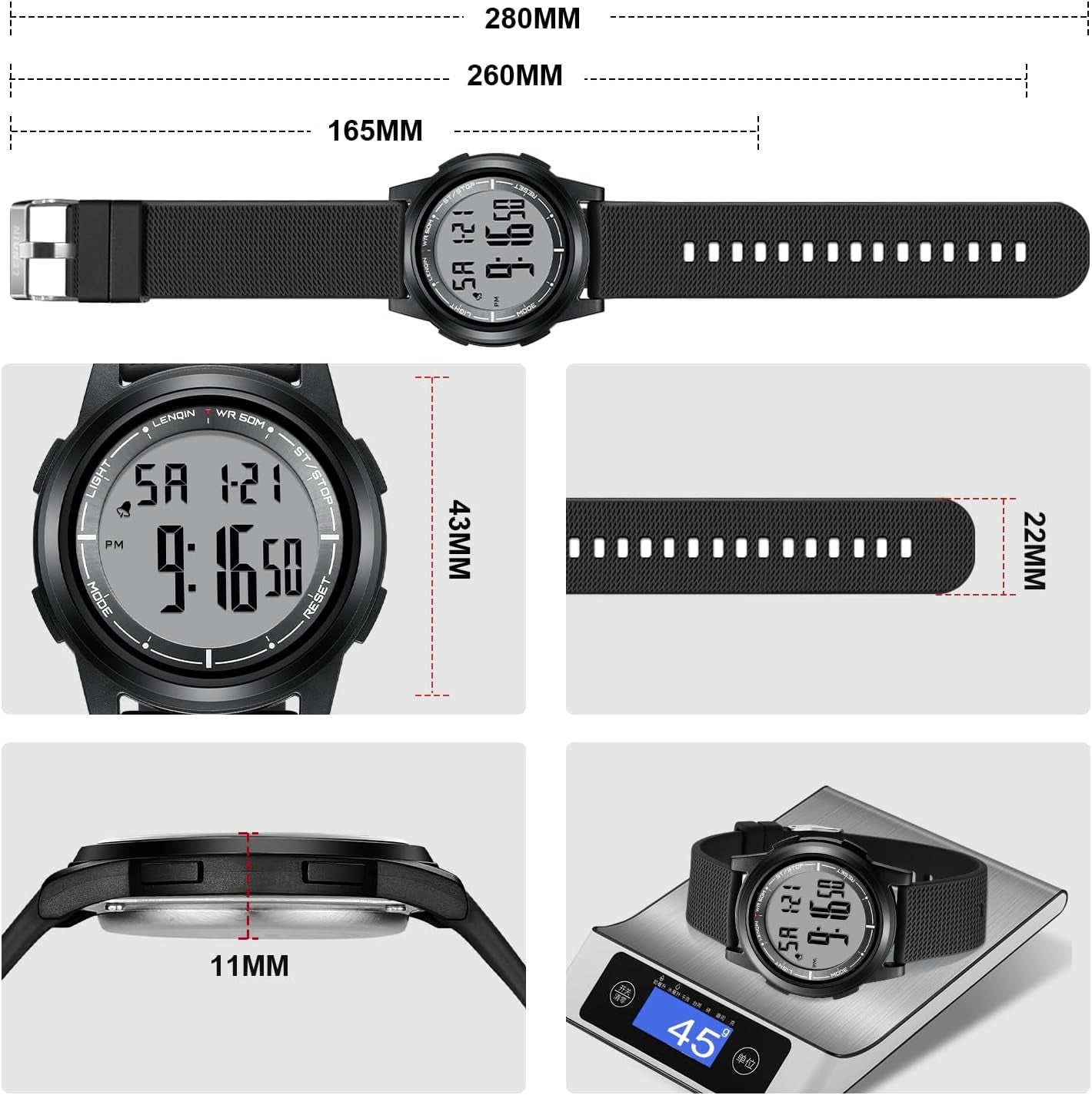 Mens Digital Watch Ultra Thin Sports Waterproof Watches for Men | Minimalist Outdoor LED Screen Large Face Wrist Watches for Men with Back Light Alarm Date Stopwatch Soft Silicone Band