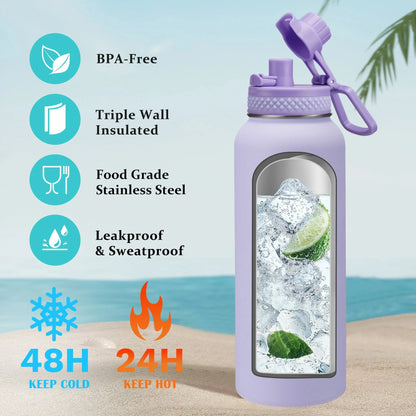 40 OZ Water Bottle with Straw - Auto Spout Lids, Paracord Handle, Carrier Bag, Flask Boot, Wide Mouth Stainless Steel Sports Water Bottles Thermal Water Flask Cold for 48H