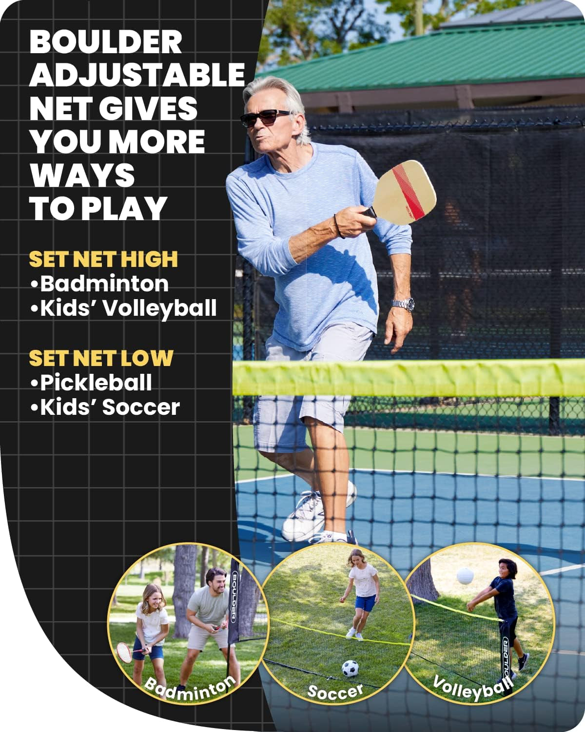 Portable Badminton Pickleball Net - Foldable/Extendable Poles for Multiple Sports Heights (UP to 5 Ft) - Ideal for Tennis, Pickleball, Soccer Tennis - Easy Setup