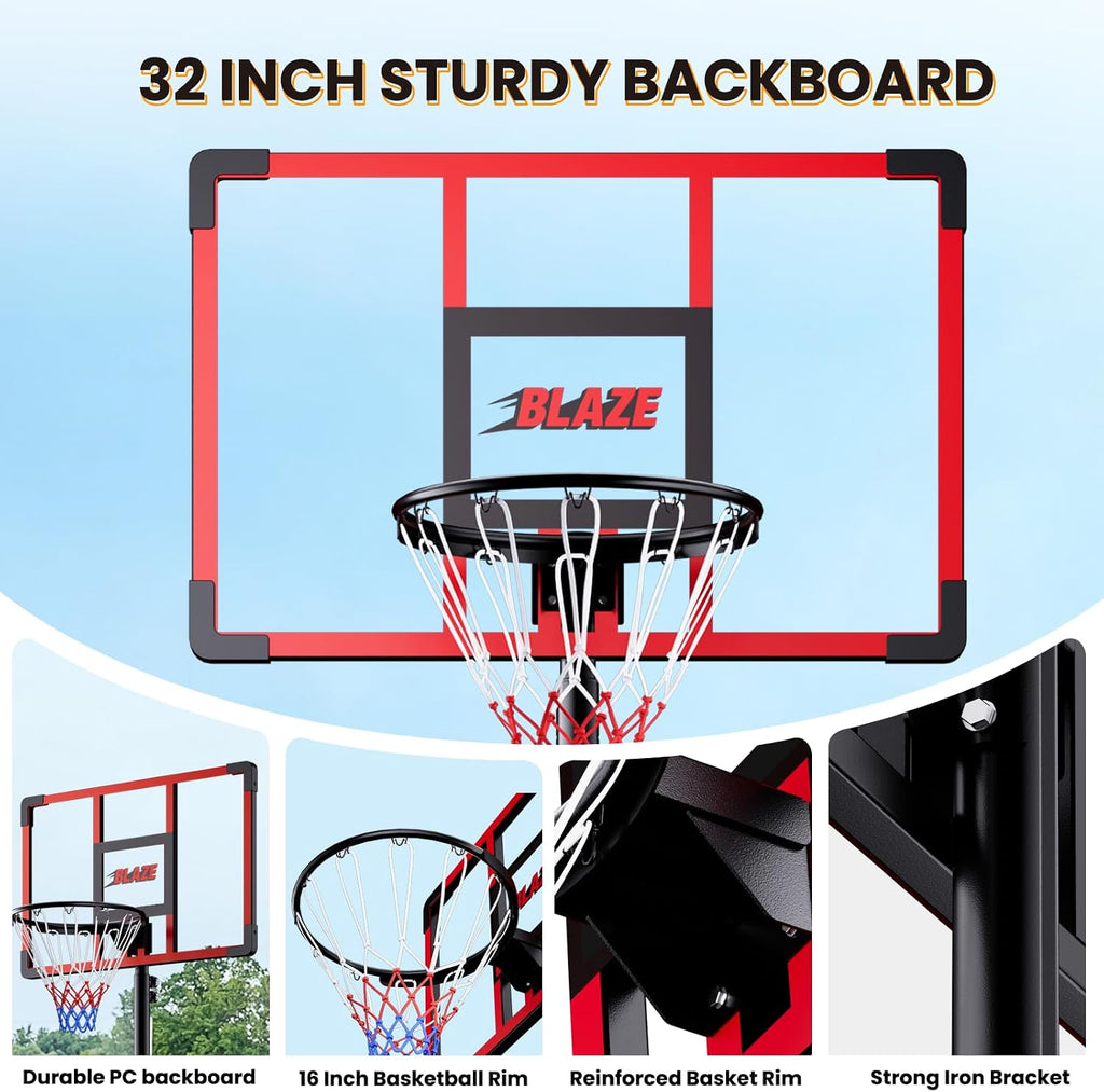 Portable Basketball Hoop for Kids & Teens, 4.1–8.5FT Adjustable Height, 32'' Shatterproof Backboard, Fillable Base with Weight Bag, Outdoor Goal for Backyard & Driveway