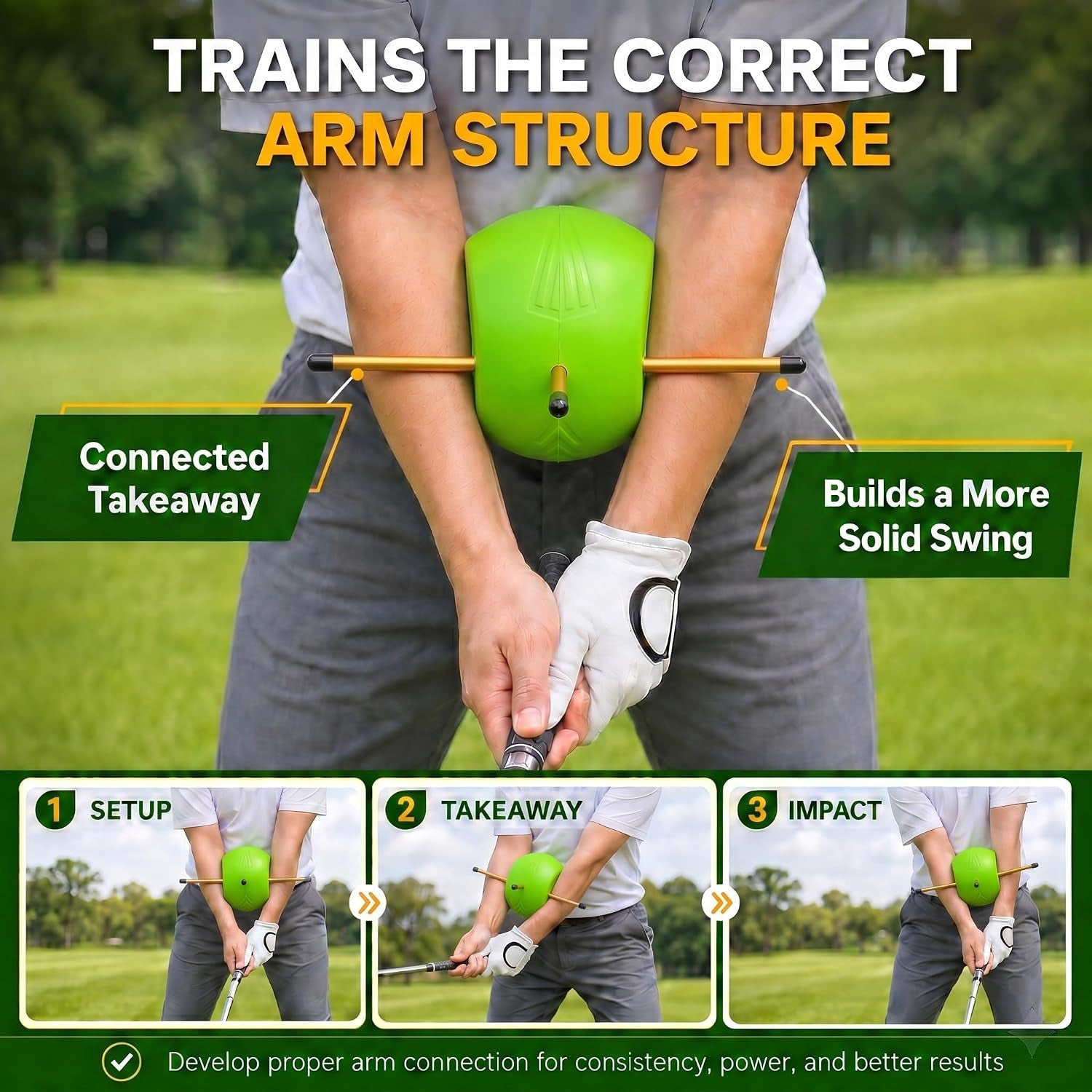 Golf Swing Trainer Connector Ball with Swing Correcting Arm Band, Golf Training Aid for Connected Swing, Arm Position Posture Correction, Improve Mechanics and Consistency for All Skill Levels