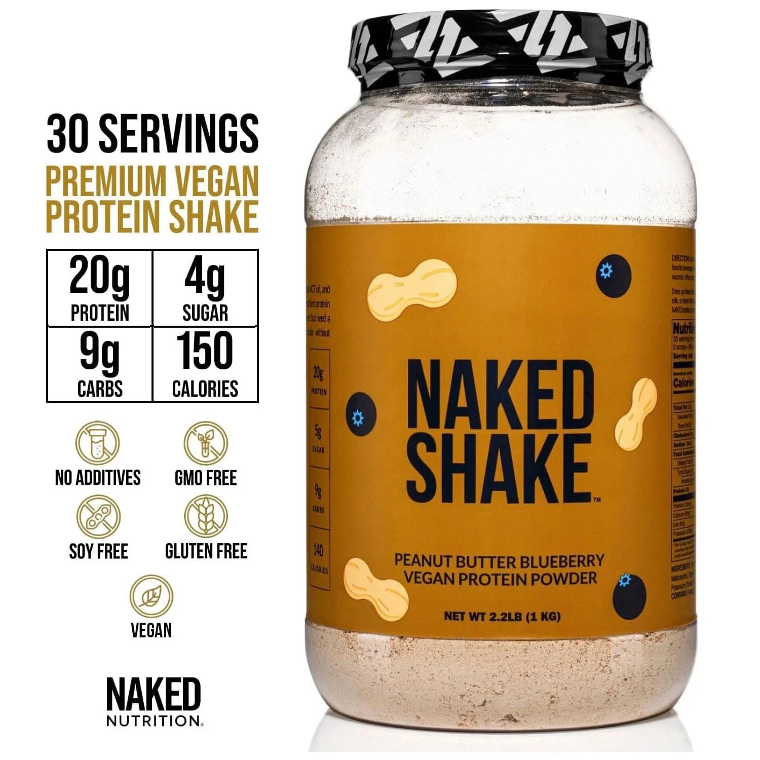 Naked Shake - Peanut Butter Blueberry Protein Powder, Plant Based Protein with Mct Oil, Gluten-Free, Soy-Free, No Gmos or Artificial Sweeteners - 30 Servings