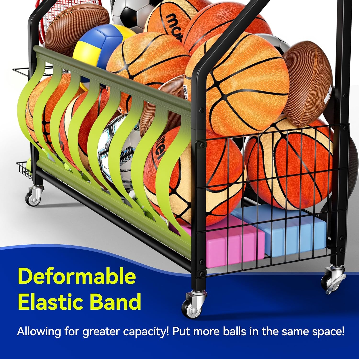Sports Equipment Organizer, Large Capacity Garage Ball Storage Rack | Heavy-Duty Rolling Ball Cart with Locking Wheels for Basketball, Soccer & Sports Gear
