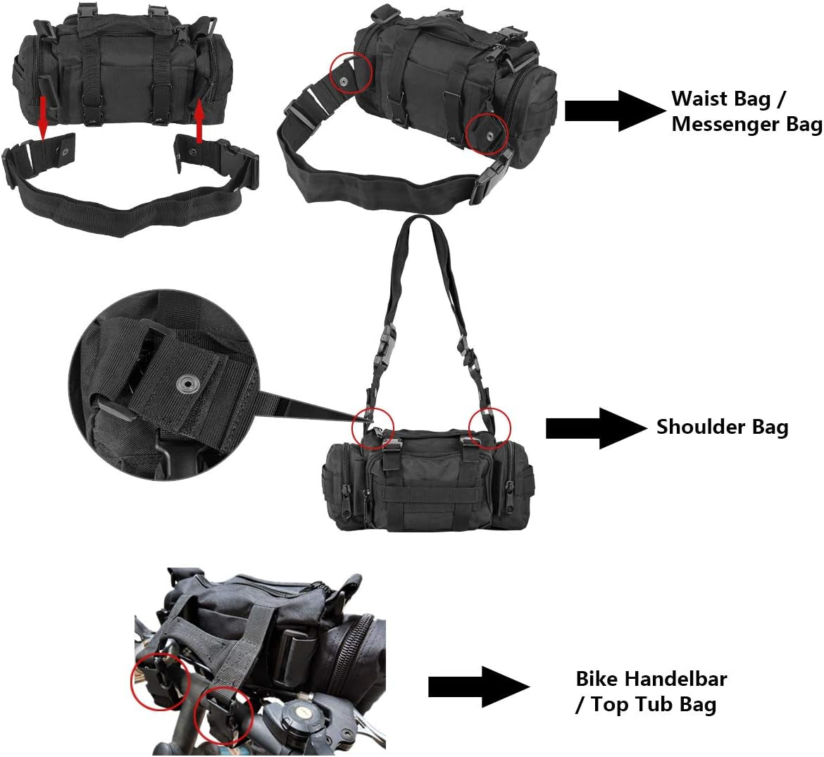 Bike Handlebar Bag, 900D Nylon Oxford Multi-Purpose Waist Bag Water Resistant Bicycle Cycling Pack (Black)