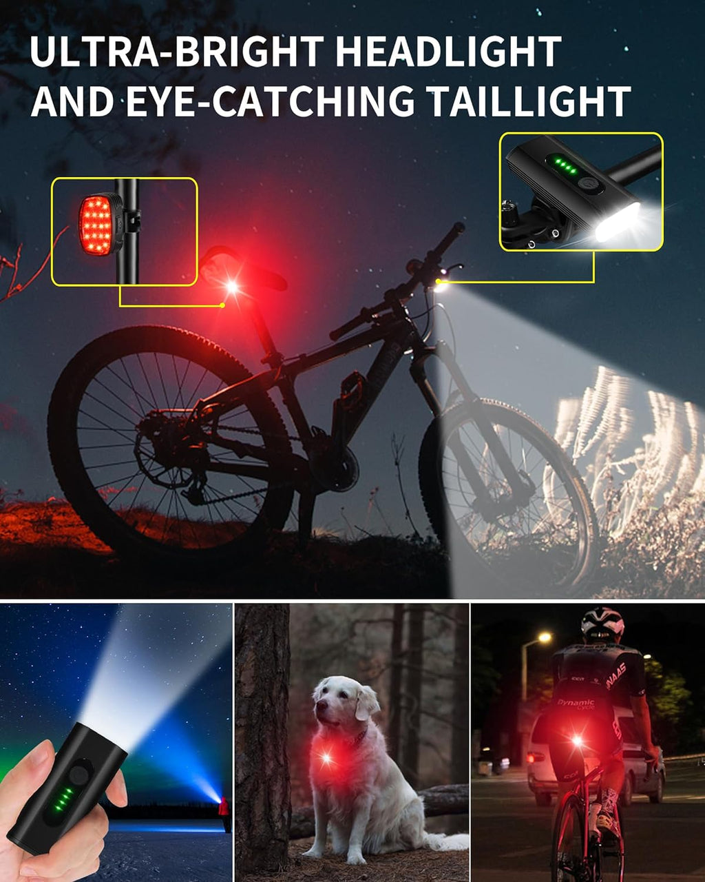 Bike Headlight Rechargeable USB-C, Bicycle Lights 4000LM | Ultra Bright, Mountain Bike Light Set for Night Riding, 6+5 Mode Waterproof Front Bike Light & Rear Light for Road, Cycling
