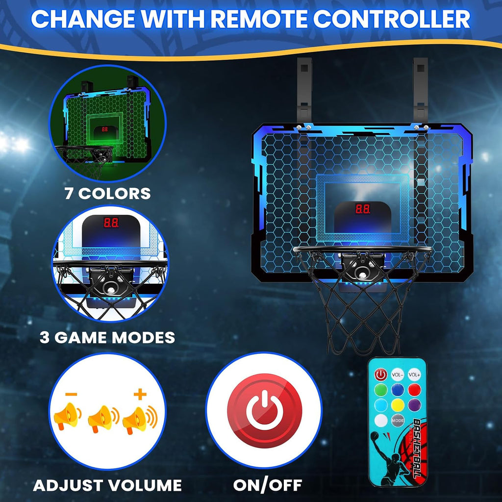 Mini Basketball Hoop with Scoreboard & 7 LED Lighting | over the Door Indoor, with 3 Balls/Inflator/Breakaway Rim, Basketball Toy Gifts for Kids Adults, Suit for Bedroom/Office