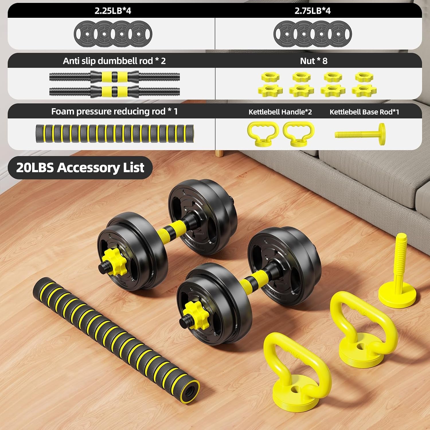 Adjustable Dumbbell Set, 10-90Lbs Free Weights with Connector – 4 in 1 Dumbbells, Barbell, Kettlebell & Push up Stand, Adjustable Weights Set for Home Gym Fitness Equipment for Men & Women
