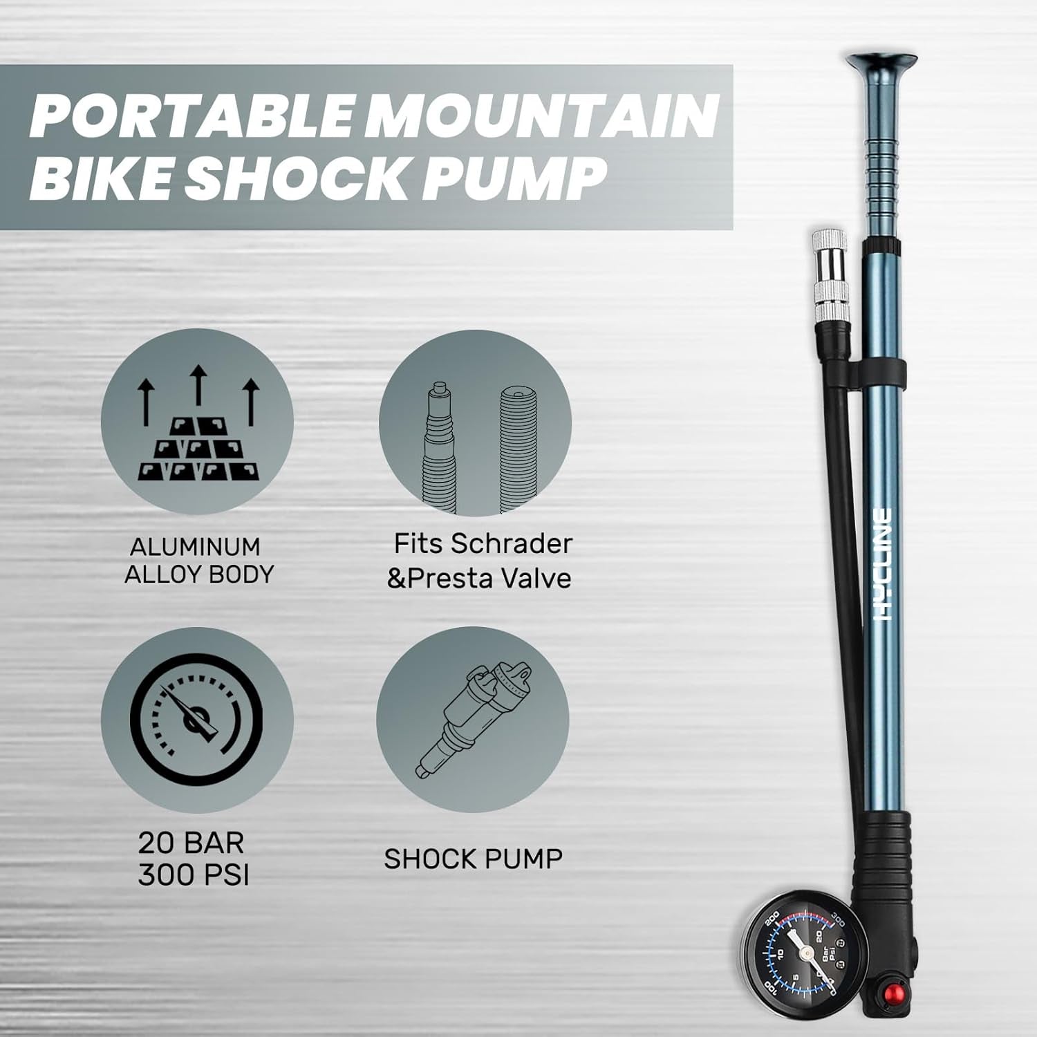 Shock Pump for Mountain Bike, High Pressure 300 Psi for Front Fork and Rear Bicycle Suspension Air Pump with Gauge Fits Schrader & Presta Tire Valve