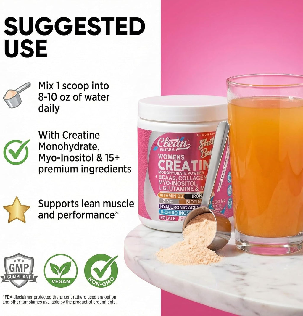 Creatine for Women | Creatine Monohydrate + BCAA Powder Myo-Inositol Collagen Biotin Hyaluronic Acid Folate L Glutamine Vitamin D3 Iron Zinc D-Chiro-Maca Digestion Shelf Builder by Clean Nutra