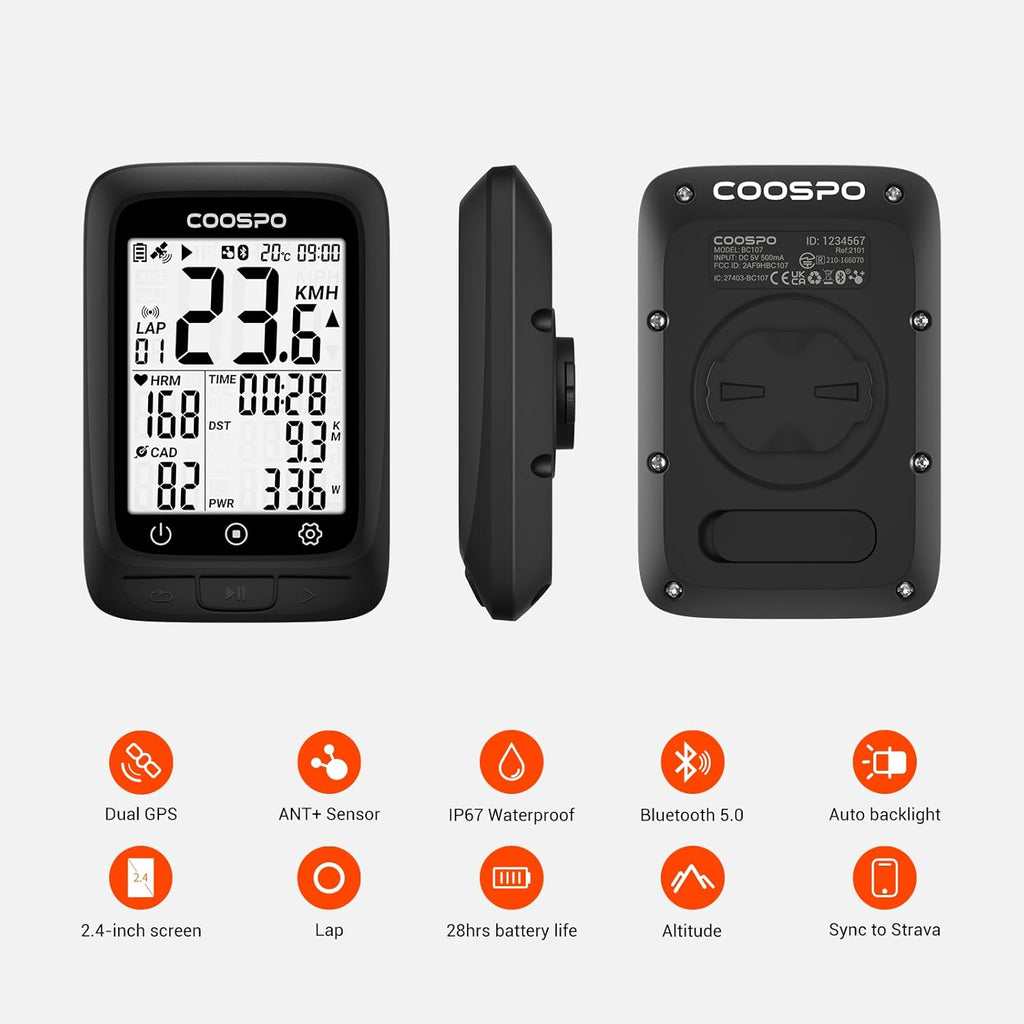 Bike Computer GPS Wireless, ANT+ Cycling Computer GPS with Bluetooth, Multifunctional ANT+ Bicycle Computer GPS with 2.4 LCD Screen, Bike Speedometer with Auto Backlight IP67