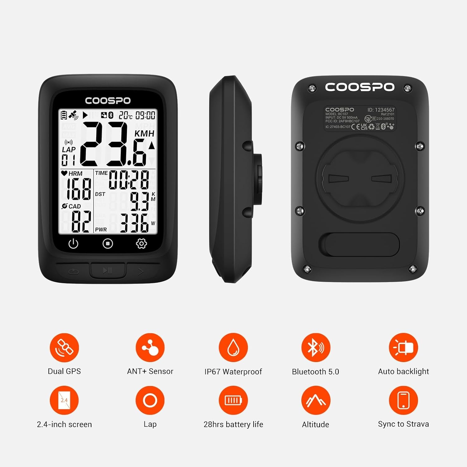 Bike Computer GPS Wireless, ANT+ Cycling Computer GPS with Bluetooth, Multifunctional ANT+ Bicycle Computer GPS with 2.4 LCD Screen, Bike Speedometer with Auto Backlight IP67