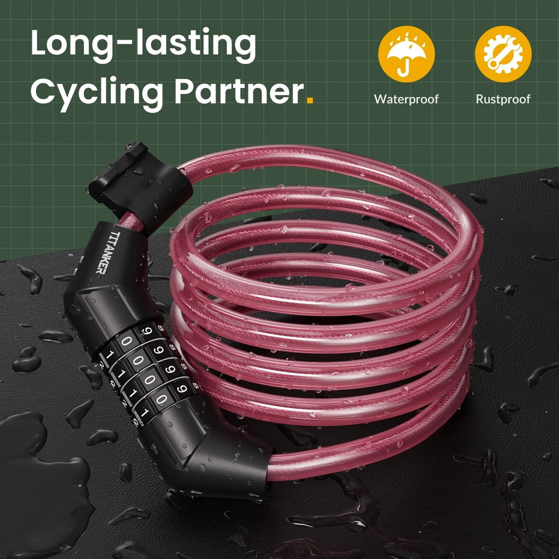 Bike Lock Cable, 4 Feet Combination Bicycle Cable Lock, Pink