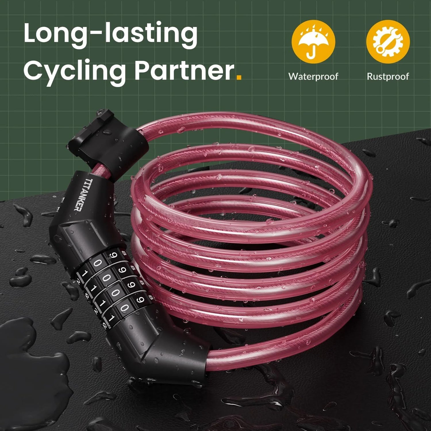 Bike Lock Cable, 4 Feet Combination Bicycle Cable Lock, Pink