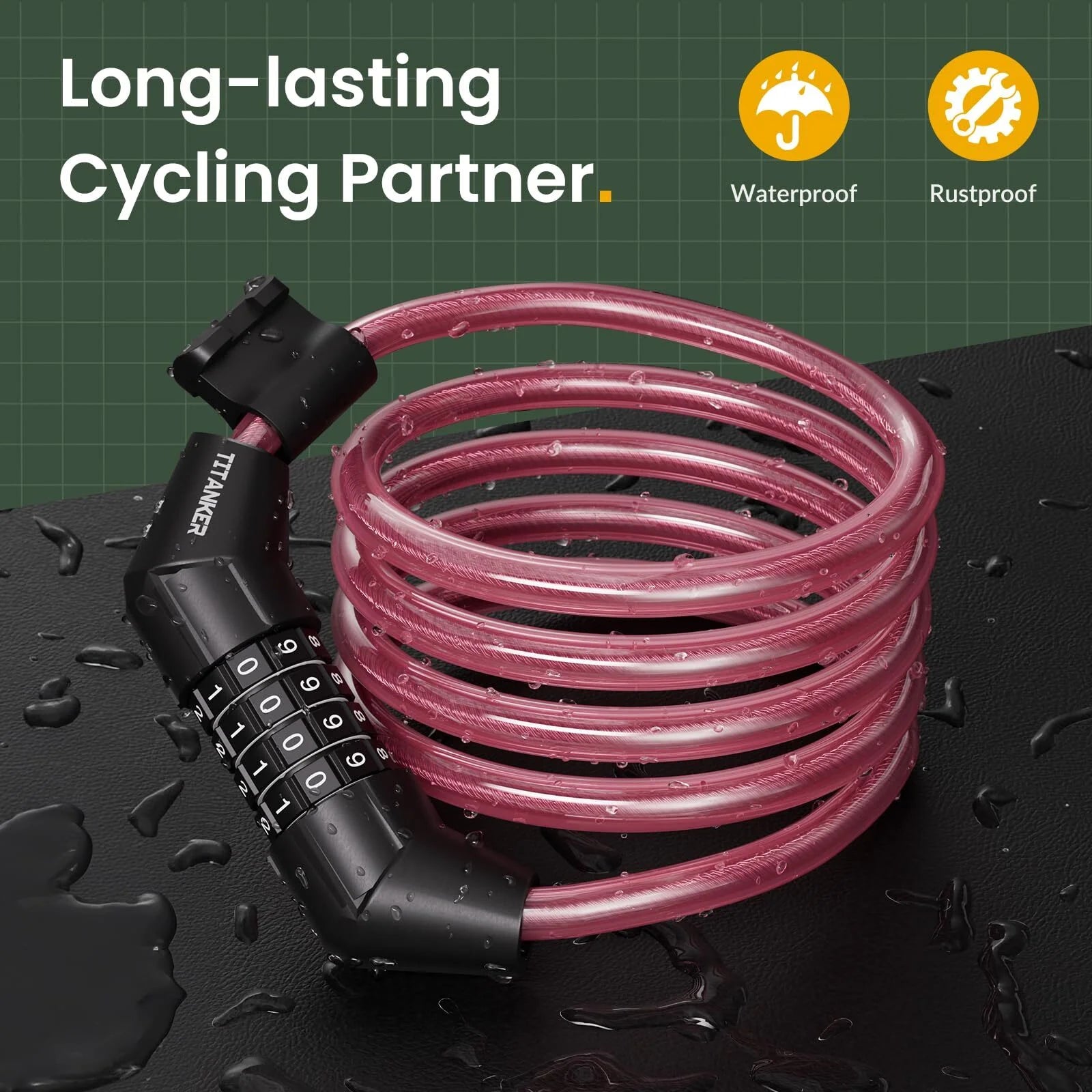 Bike Lock Cable, 4 Feet Combination Bicycle Cable Lock, Pink