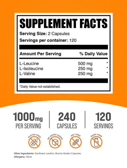 Bulksupplements BCAA 2:1:1 Capsules, Dietary Supplement, Muscle Growth &amp; Recovery, 240 Capsules
