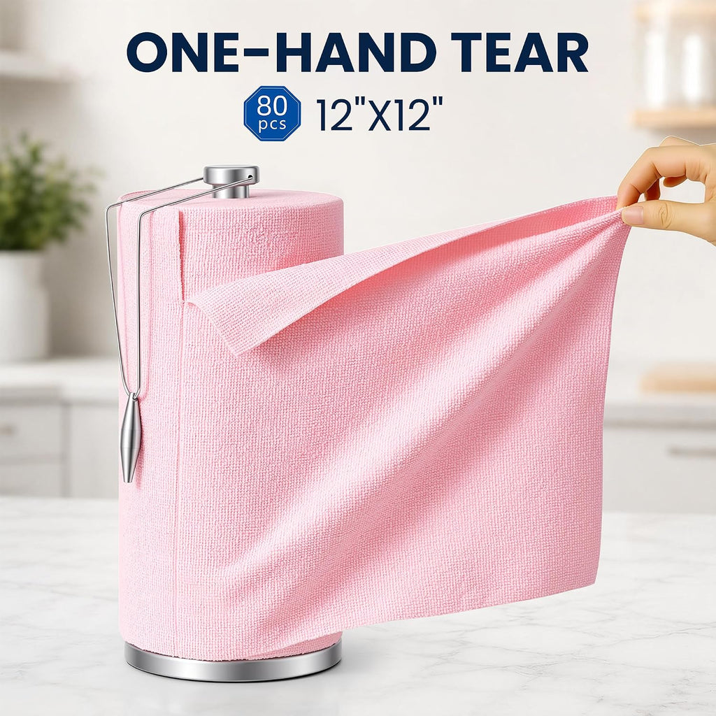 Microfiber Cleaning Cloth Roll 80 PCS, 12" X 12" | Lint-Free, Streak-Free, Tear Away Reusable Microfiber Towels, Cleaning Rags for Kitchen, Car & Home, Pink