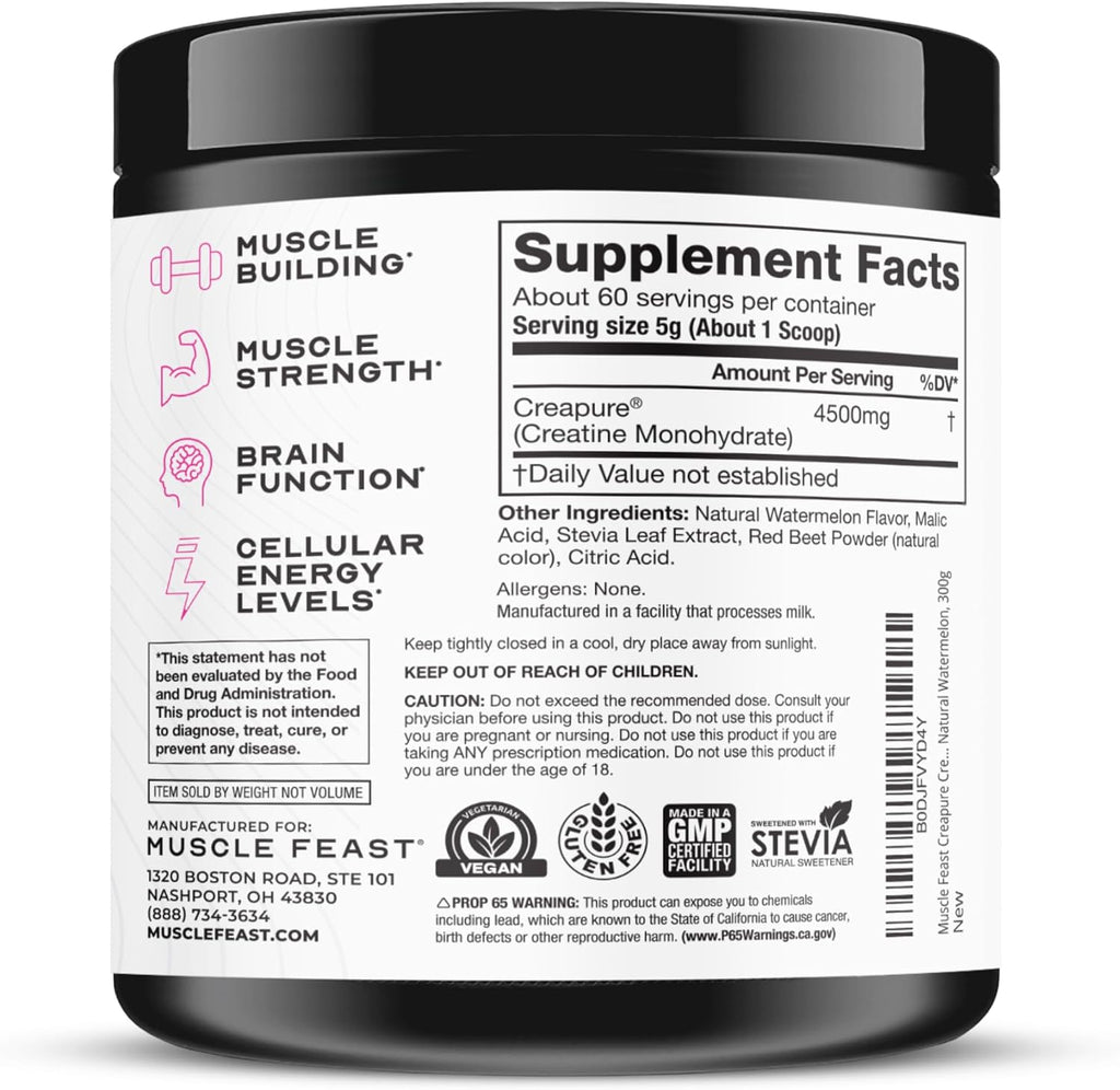 Creapure Creatine Monohydrate Powder, Watermelon (300G) | Vegan, Non-Gmo, Keto Friendly Mass Gainer, Muscle Recovery Supplement & Trusted Creatine for Muscle Growth, Creatine Powder