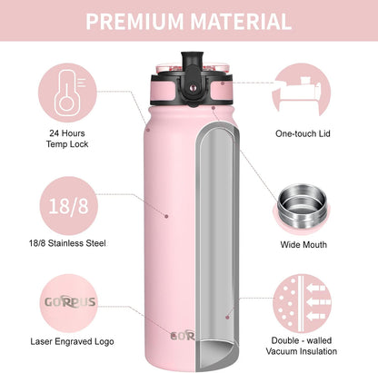 Kids Water Bottle with Straw Spout Wide Mouth Lid 20 Oz Leak Proof Double Walled Metal Insulated Stainless Steel Sports Water Bottles with Strap Handle Stickers for Boys Girls School(3 Lids)