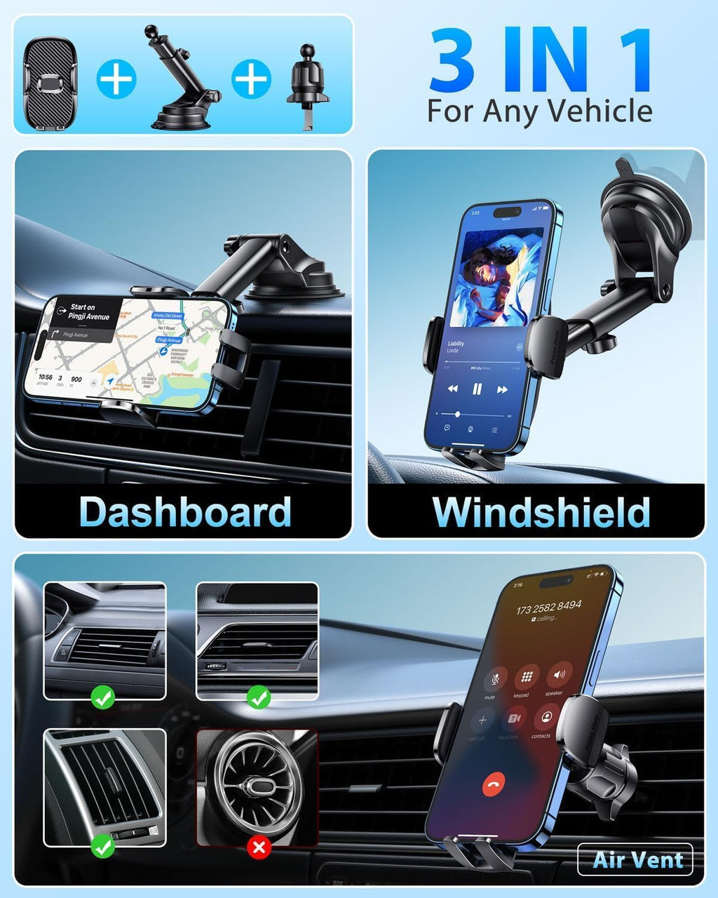 Car Phone Holder[Military-Grade 360°Suction Cup] Phone Holders for Your Car Universal Accessories Air Vent Dashboard Windshield Phone Mount Automotive Cradles Fit Shower & Wall Mounts Iphone