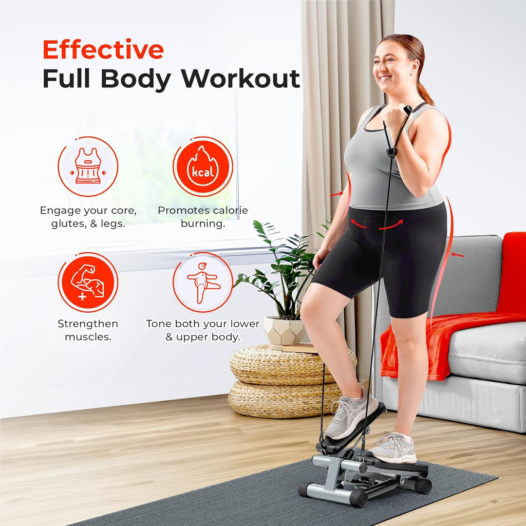 Mini Stair Stepper W/Resistance Bands for Home Gym | Full Body Cardio, Adjustable Step Height, Hydraulic Resistance, LCD Meter, No Assembly, 300 Lb Capacity, Sunnyfit App