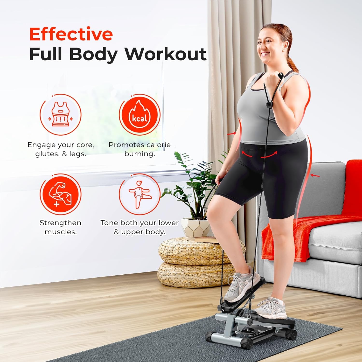 Mini Stair Stepper W/Resistance Bands for Home Gym | Full Body Cardio, Adjustable Step Height, Hydraulic Resistance, LCD Meter, No Assembly, 300 Lb Capacity, Sunnyfit App