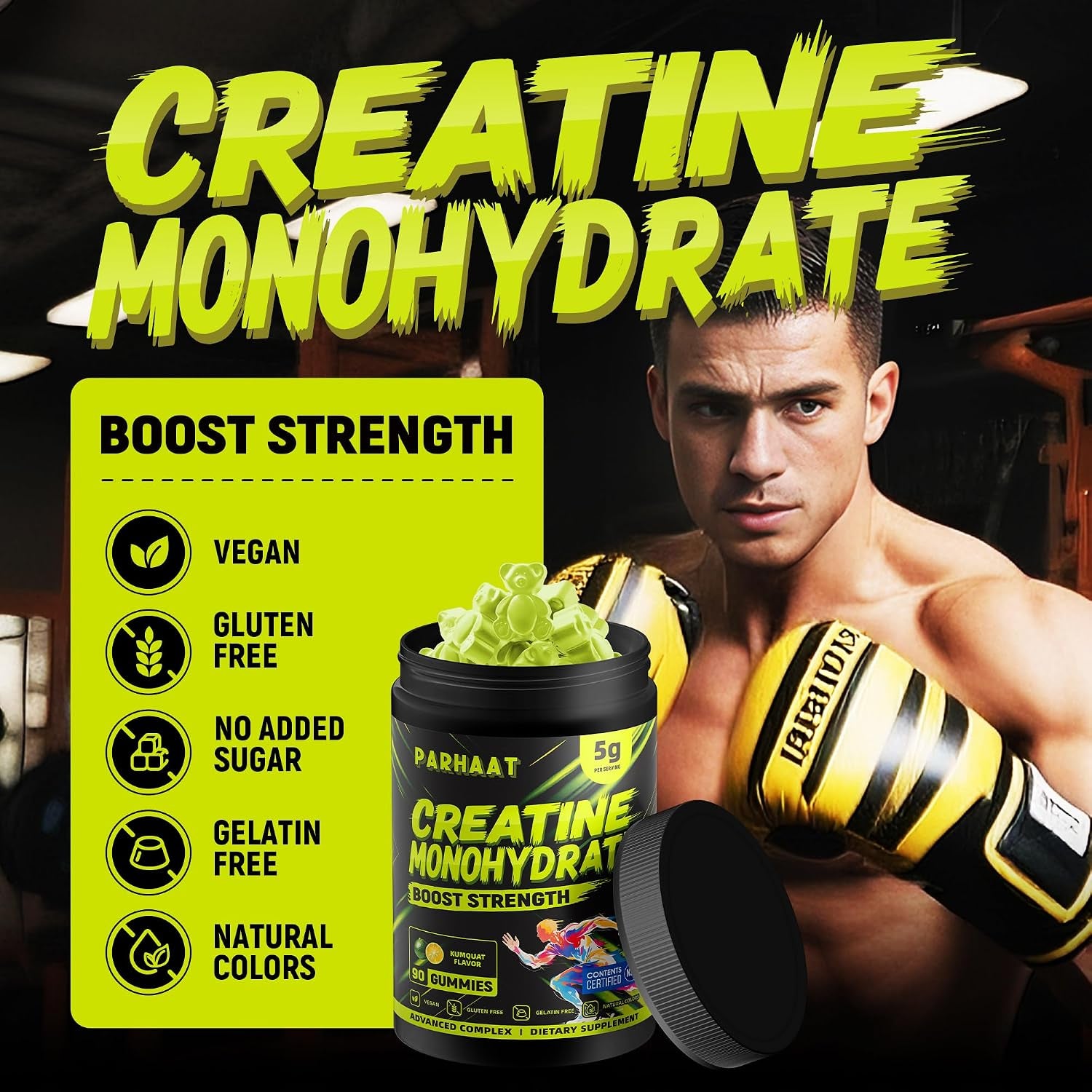 NSF Certified Creatine Gummy - Creatine Monohydrate Gummies 5G for Men & Women - Boost Focus,Strength, and Endurance, Vegan, Gluten-Free, Non-Gmo, 2.5 Gram Creatine per Gummy (Kumquat 90 Ct)