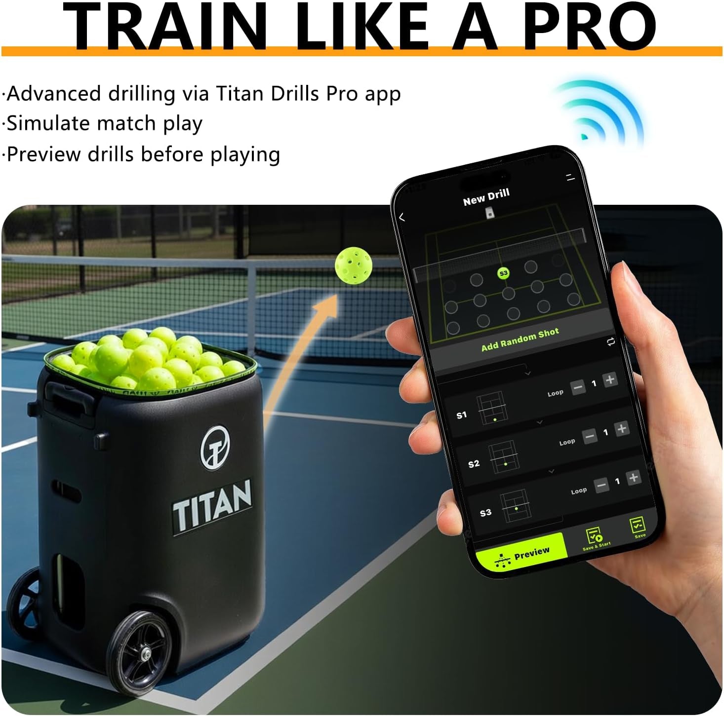 Titan ONE Pickleball Machine with Internal Oscillation & Free App | for Coaches, Clubs & Solo Practice, 85 to 240 Ball Capacity, Portable with Trolley Handle