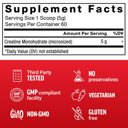 Creatine Monohydrate, Creatine Powder for Muscle Gain, More Strength, and Faster Workout Recovery, Clinically Studied Micronized Creatine 5G Dose per Serving, Unflavored, 60 Servings by