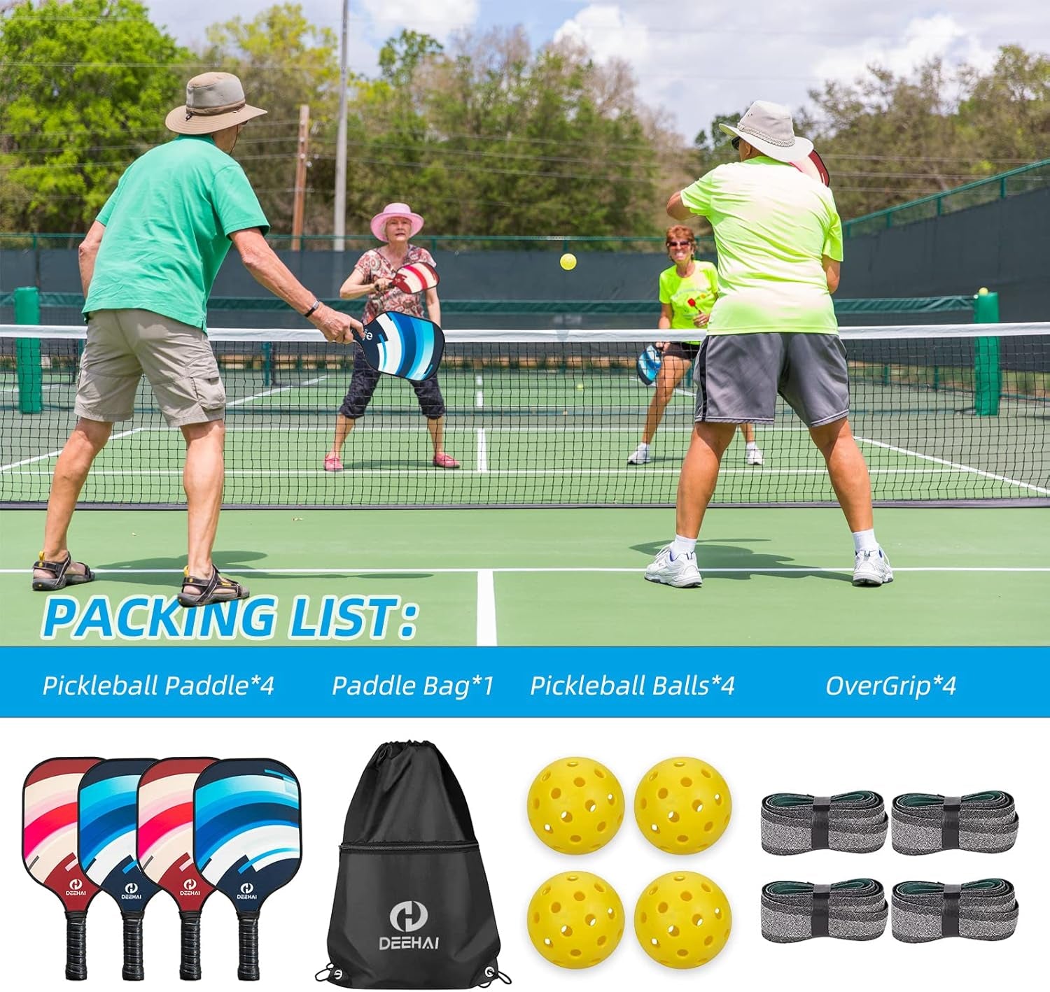 Pickleball Paddles Pickleball Set Pickleball Rackets, Quiet Pickleball Raquette Set of 4 with 1 Portable Pickleball Bag, 4 Pickleball Balls &amp; 4 Grip Tapes, Polypropylene Honeycomb Core