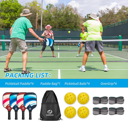 Pickleball Paddles Pickleball Set Pickleball Rackets, Quiet Pickleball Raquette Set of 4 with 1 Portable Pickleball Bag, 4 Pickleball Balls &amp; 4 Grip Tapes, Polypropylene Honeycomb Core