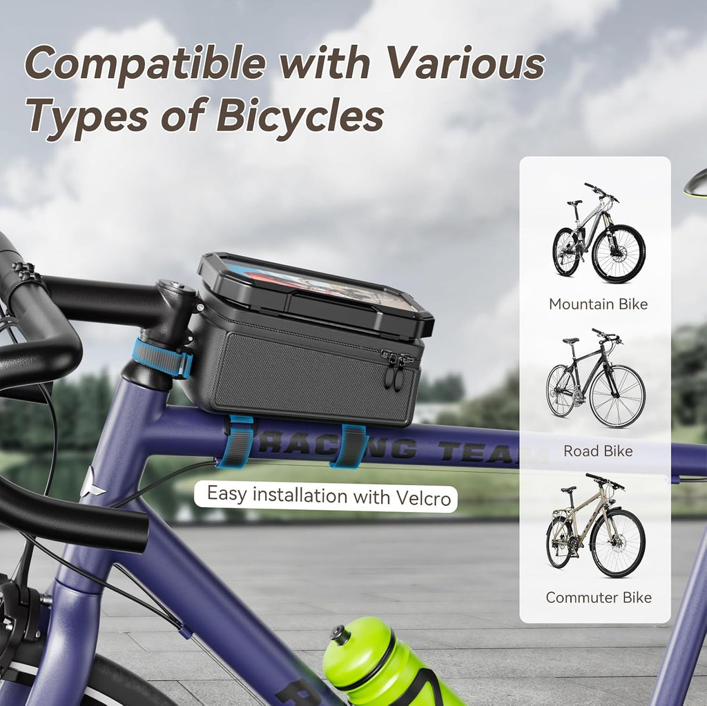 Bike Front Frame Bag with Waterproof Phone Holder, Mountain Cycling Storage Pouch, Handlebar Bag with Phone Mount, Bicycle Accessories for Top Tube, Fit for Iphone 17 Pro Max, Cellphone under 7''