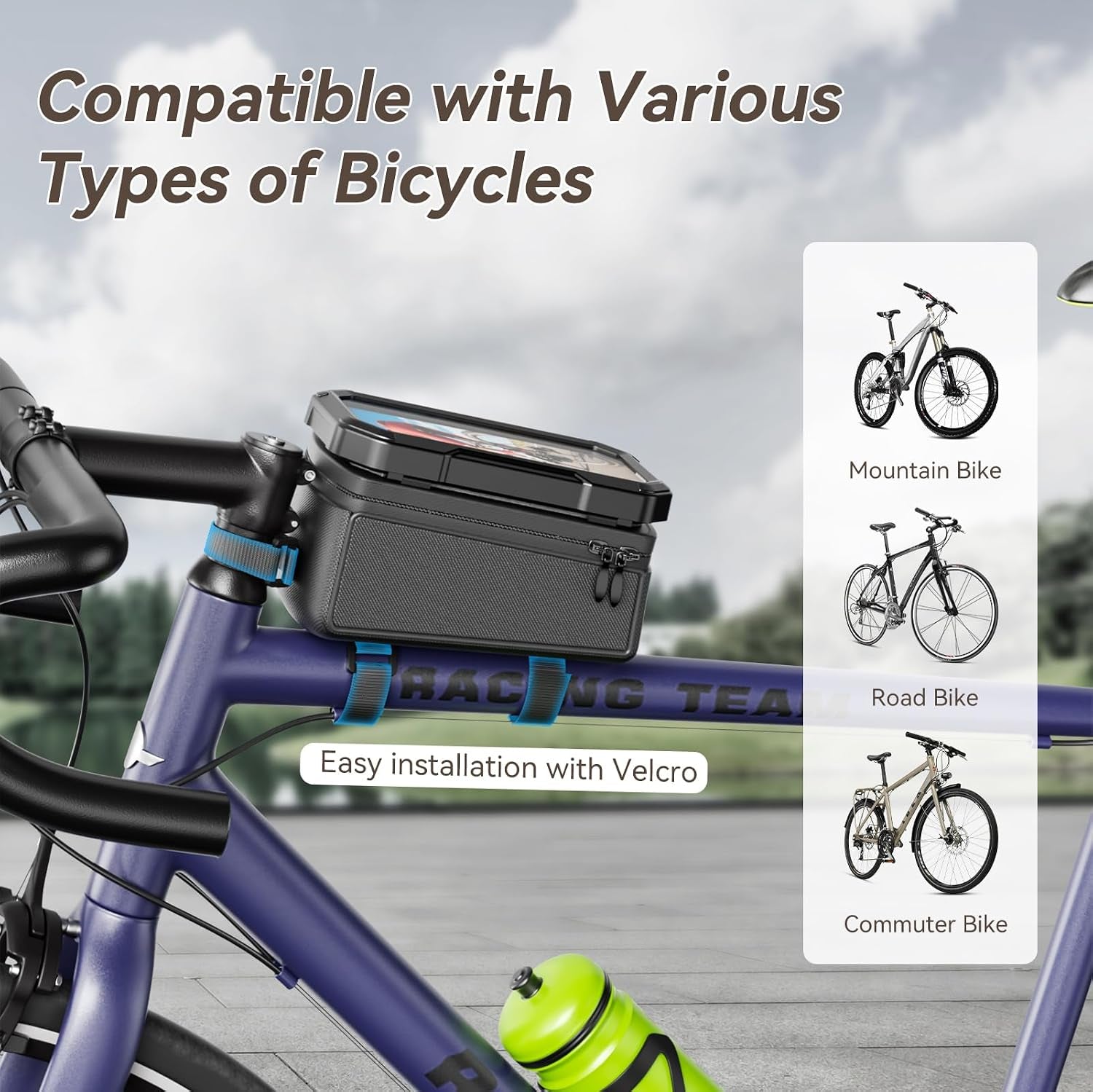 Bike Front Frame Bag with Waterproof Phone Holder, Mountain Cycling Storage Pouch, Handlebar Bag with Phone Mount, Bicycle Accessories for Top Tube, Fit for Iphone 17 Pro Max, Cellphone under 7''