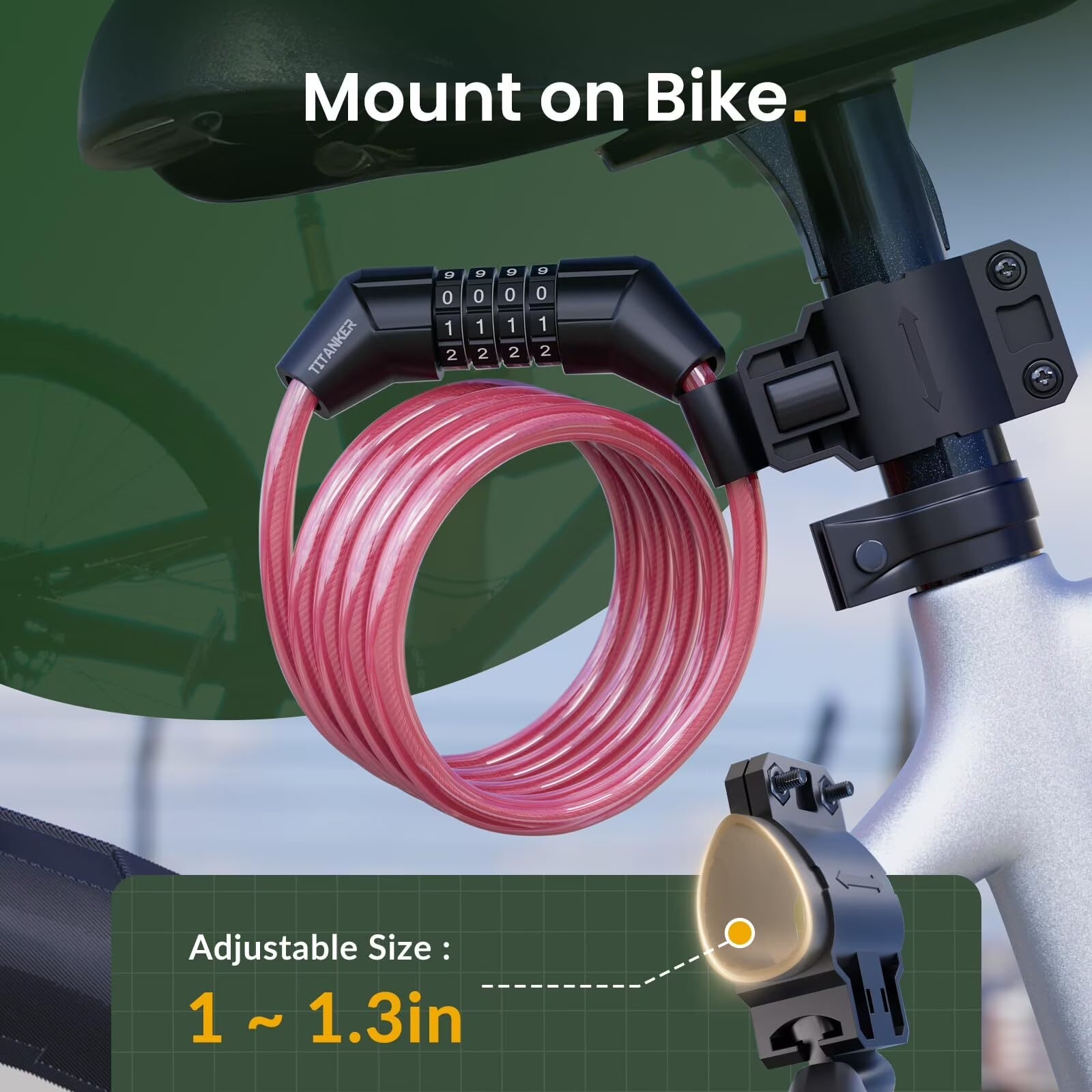 Bike Lock Cable, 4 Feet Combination Bicycle Cable Lock, Pink