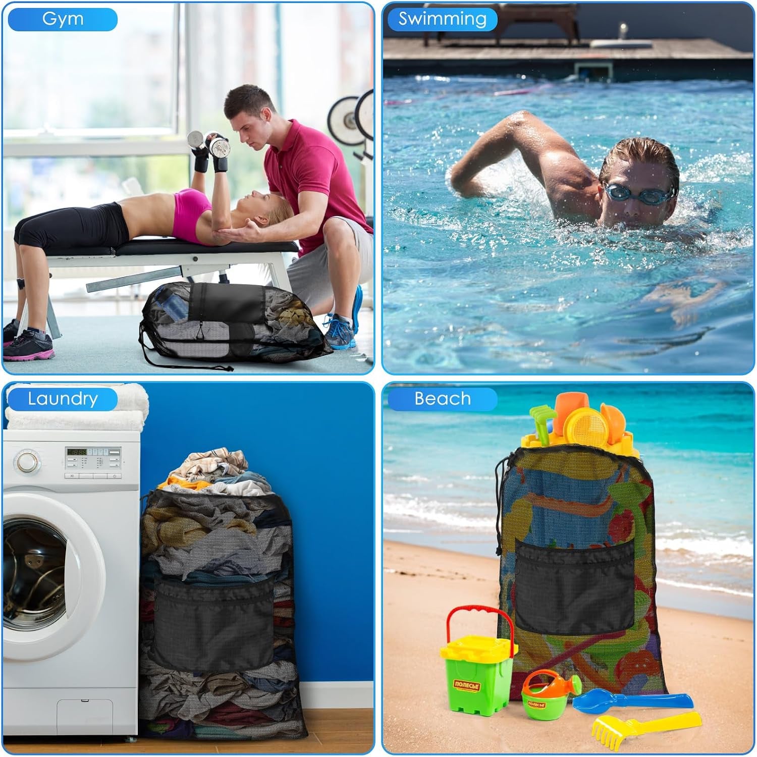 Drawstring Backpack Gym String Bag with Pocket for Men Women | Heavy Duty Mesh Bag Sport Equipment Bag for Swimming Yoga Beach Laundry