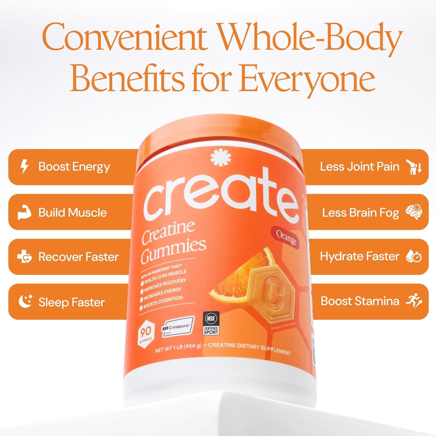 Creatine Monohydrate Gummies for Men & Women, Boost Focus, Strength, and Endurance, Anti-Melting Formula, Vegan, Gluten-Free, Non-Gmo, 1.5G of Creatine per Gummy (Orange)