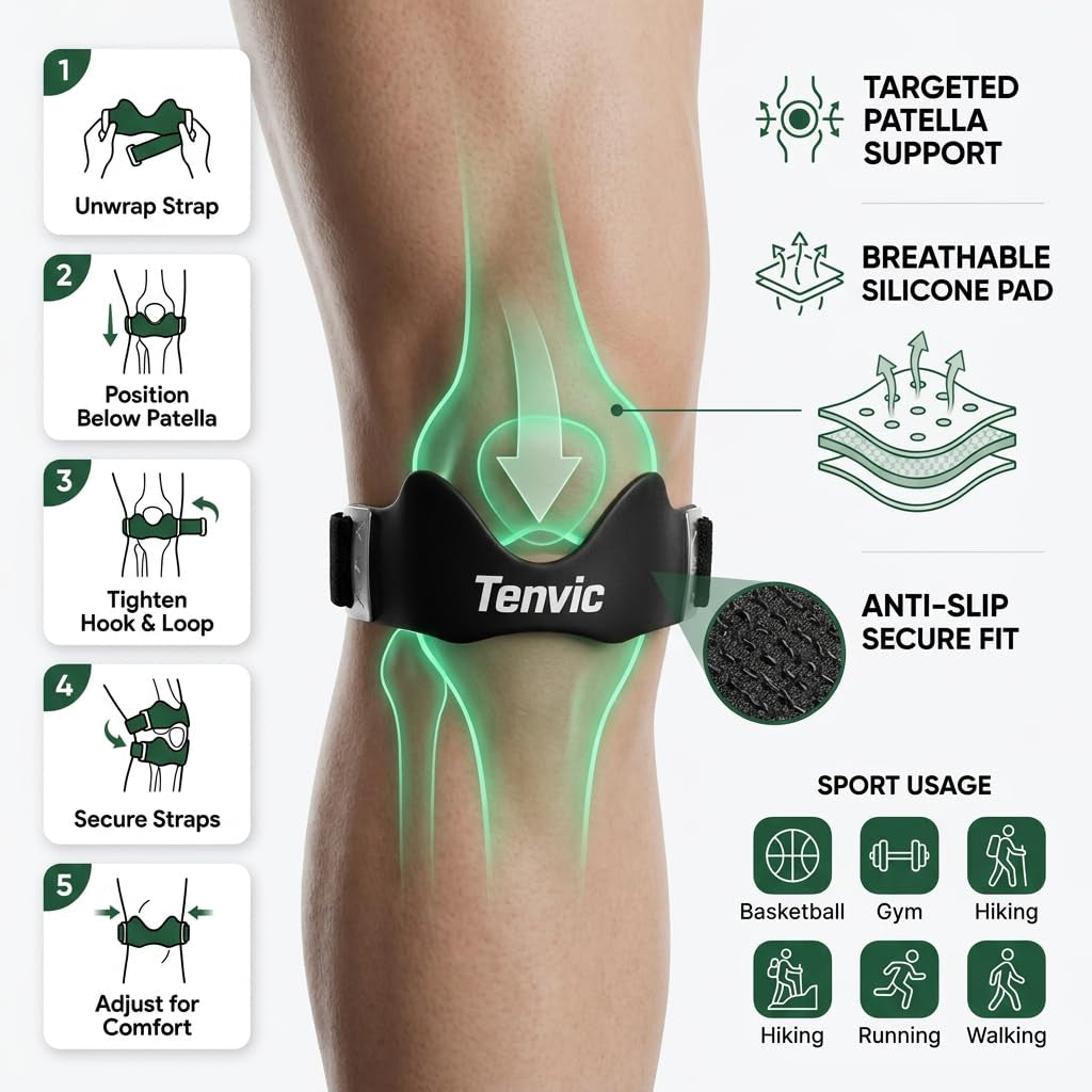 Patella Support Brace Silicone Pad Adjustable (Black) | Adjustable Patella Knee Strap with Silicone Pad Helps Support Knee Stability and Comfort during Running, Sports and Daily Use