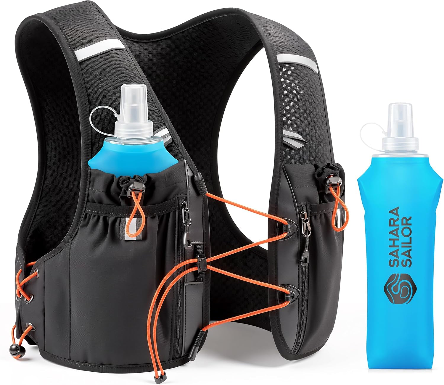 Running Vest for Women Men, 2PCS 500Ml Soft Flasks, Adjustable Chest Waist Fit, Multi-Pockets, Lightweight Breathable Reflective Hydration Backpack for Running, Trail, Cycling, Hiking