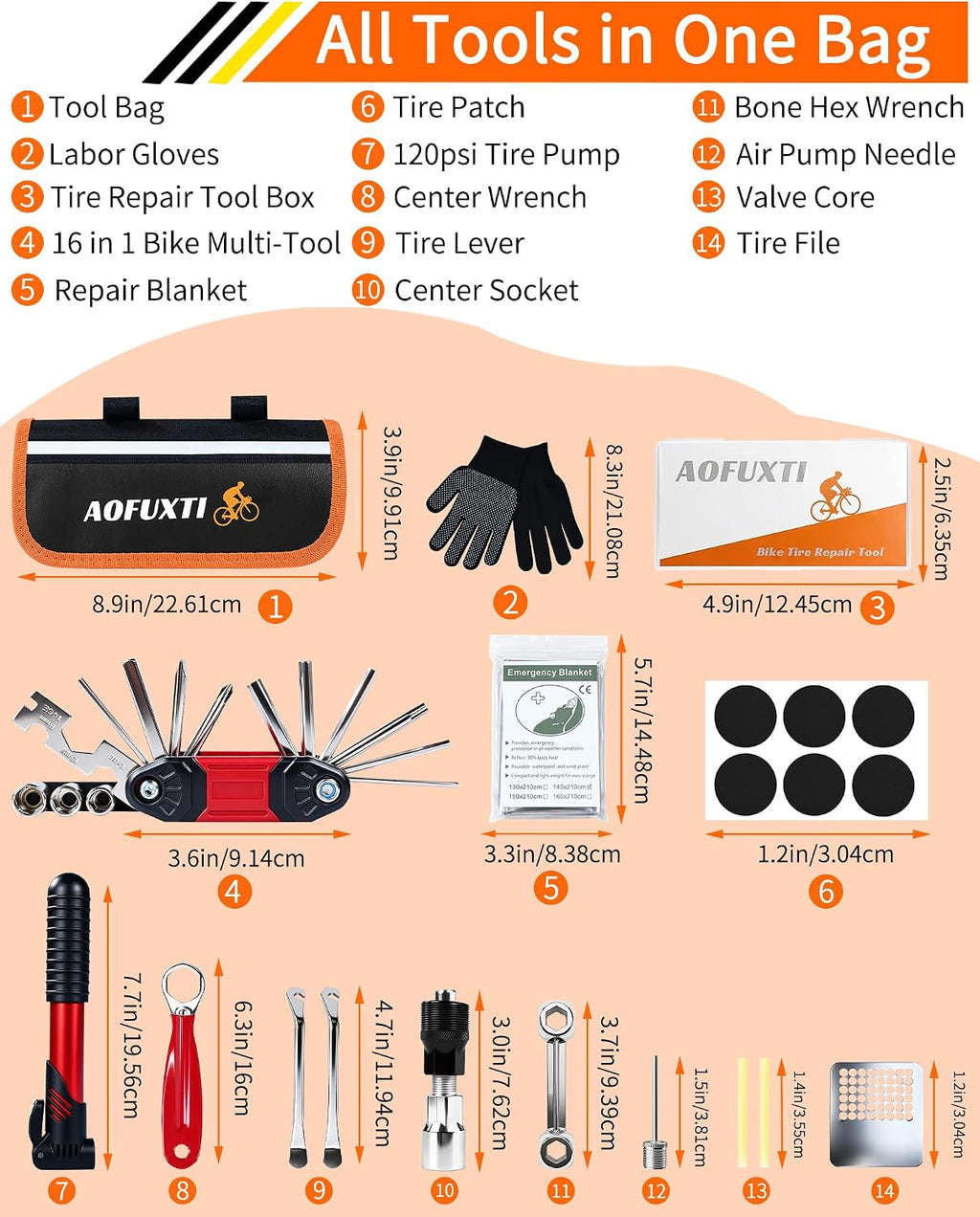 14-Piece Bike Repair Kit with Tire Pump, Portable and Durable | Essential Bicycle Tool Kit with 16-In-1 Tool, Tire Patches, 120 PSI Pump and Reflective Bag for Cycling, Camping and Travel