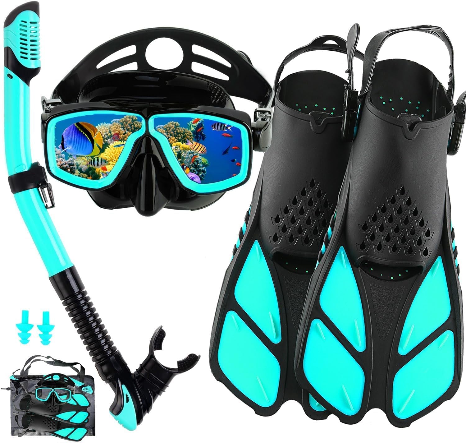 Snorkeling Gear for Adults with Bag Anti-Fog Snorkel Sets for Travel | Anti-Leak Diving Mask with Flippers,Professional Scuba Diving Gear with Earplugs