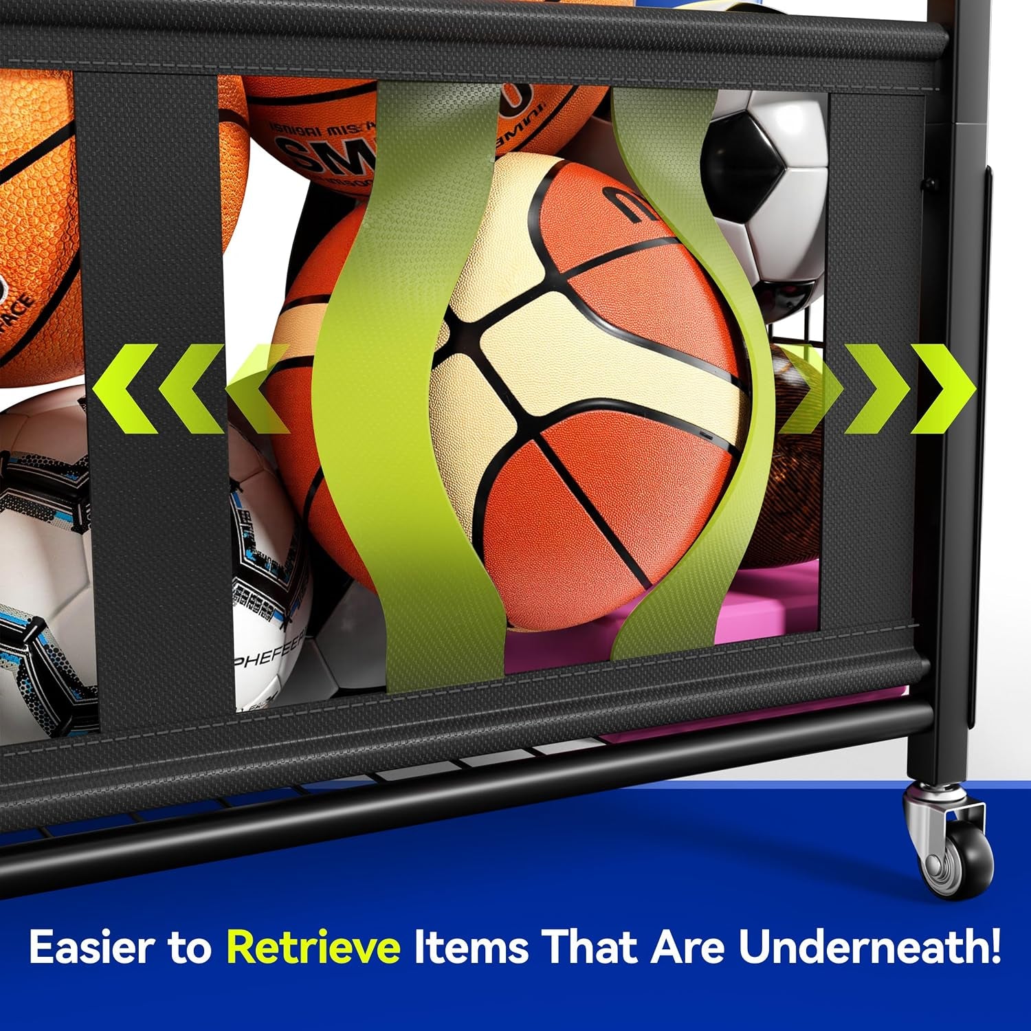 Sports Equipment Organizer, Large Capacity Garage Ball Storage Rack | Heavy-Duty Rolling Ball Cart with Locking Wheels for Basketball, Soccer & Sports Gear